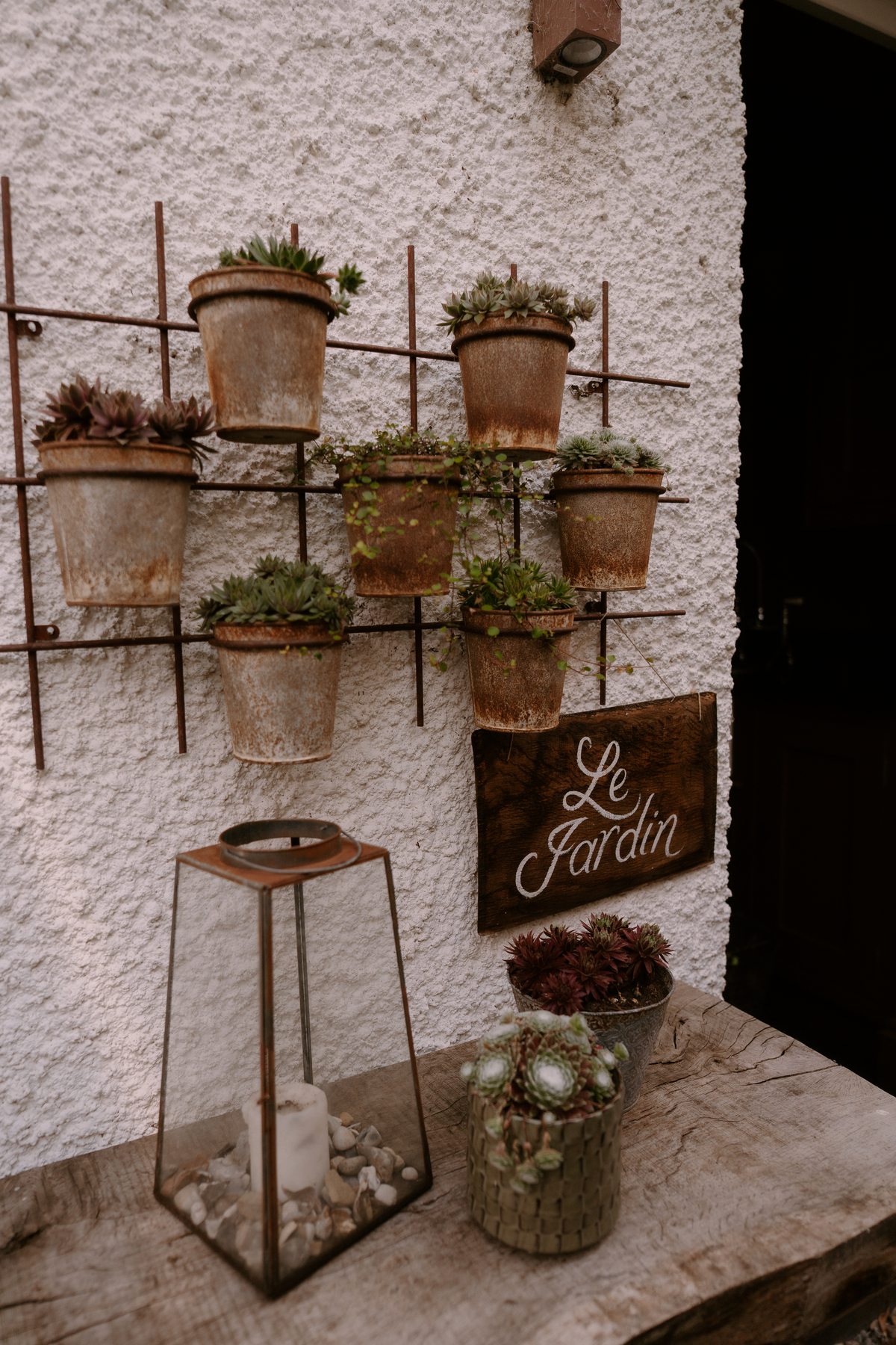 Potted plants and lantern in the garden courtyard