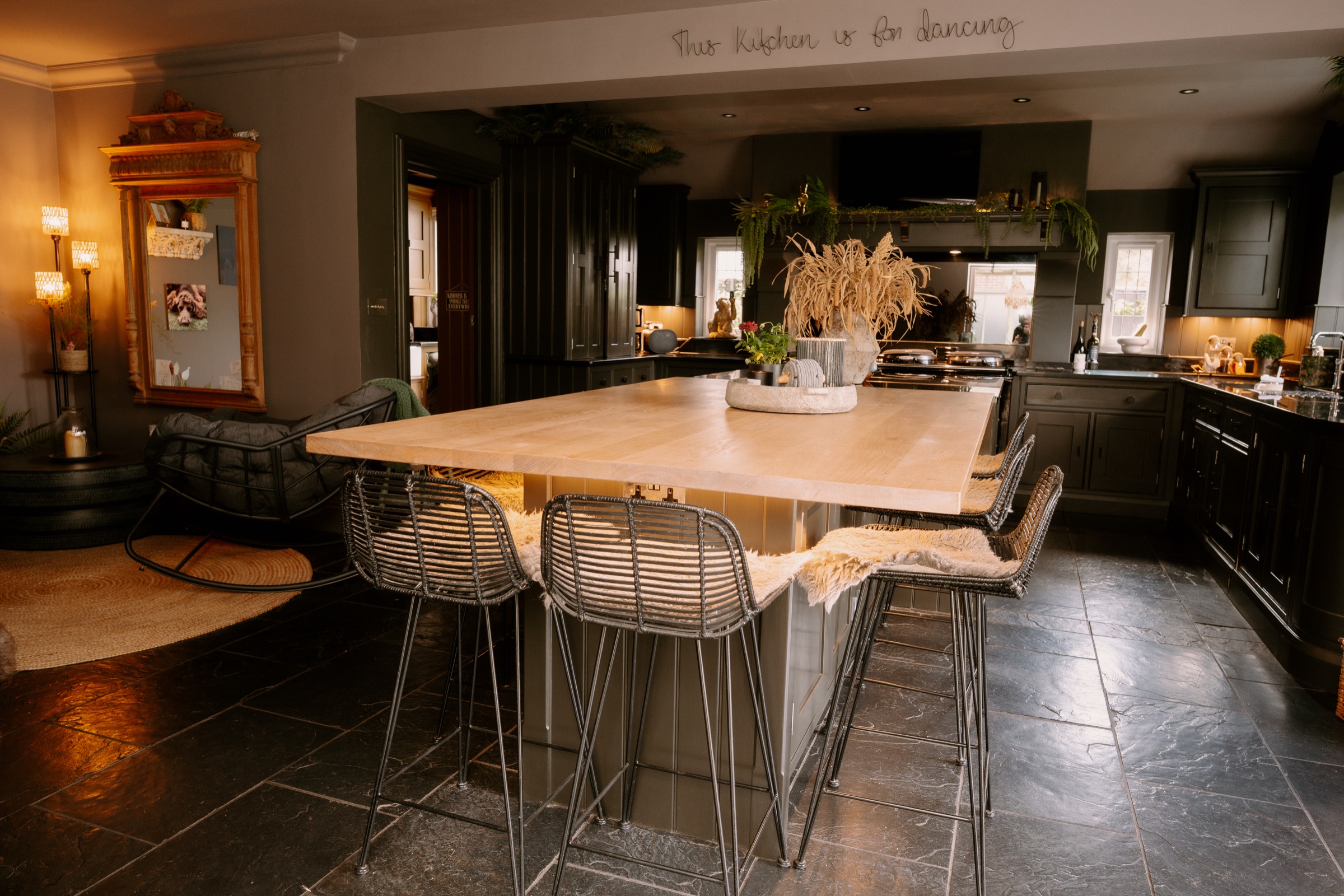 Wide view of the dark kitchen